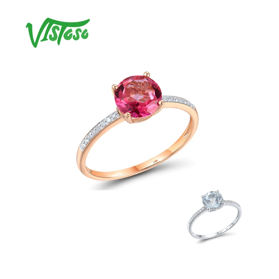 VISTOSO Genuine 14K 585 Rose Gold Ring For Women Sparkling Diamond Pink Blue Topaz Wedding Anniversary Minimalist Fine Jewelry