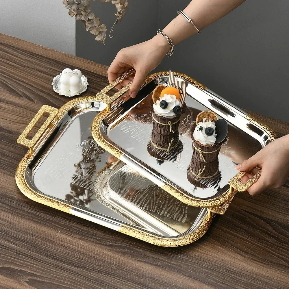 Gold Silver Rectangular Tray, Household Living Room Coffee Table Fruit Snack Dessert Cake Storage Rack