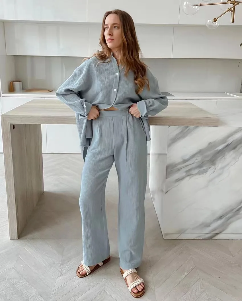 

Casual Long Sleeve Long Pants Two-Piece Set Pure Color Outerwear Home Clothes Women's Fashion Set Spring 2023
