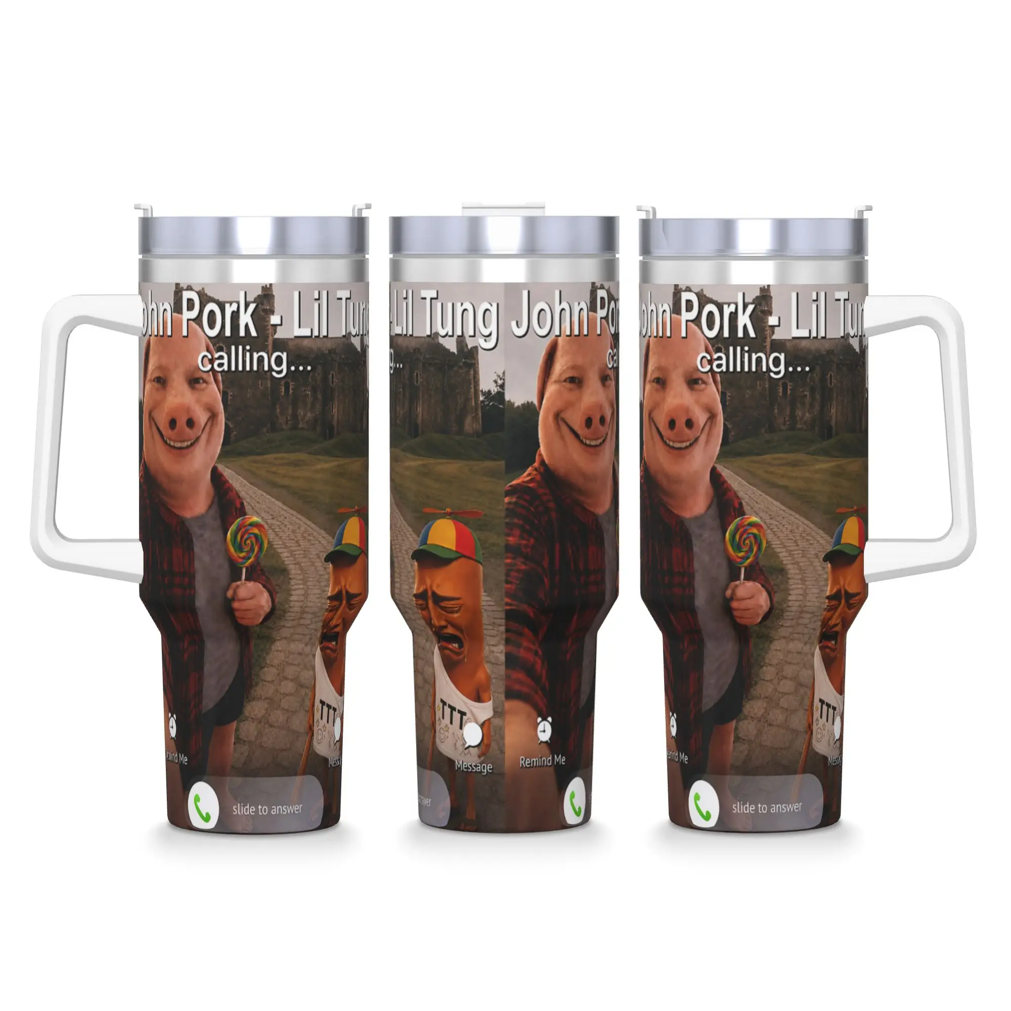 Stainless Steel Tumbler Lil Bro Tung Tung Sahur John Pork is Calling Brainrot Meme Mugs Cup With Straws Cold Drink Water Bottle