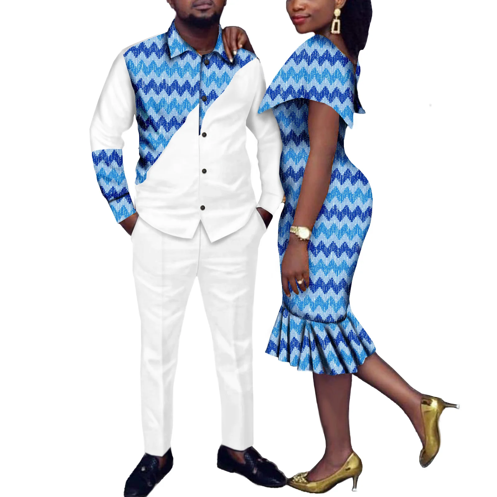 African Couples Women Print Wax Cotton Fashion Patchwork Hot Dress& Men 2 Pieces Shirt and Pants Sets