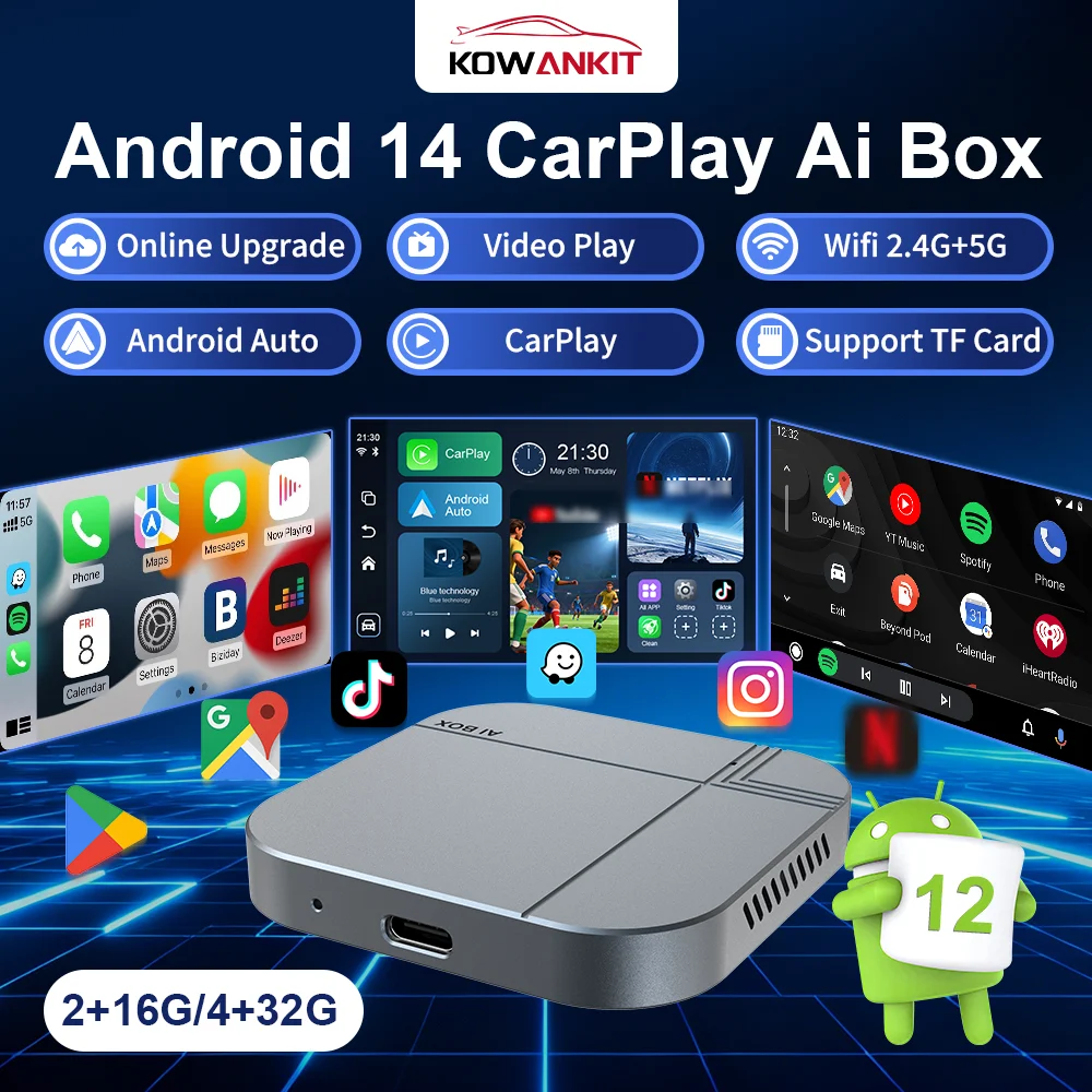 

Upgrade to Smart Car Wireless Carplay Android Auto 3 in 1 AI Box 4 + 32GB Android 14 WiFi 6 KowanKit Plug & Play for Cars 2016+