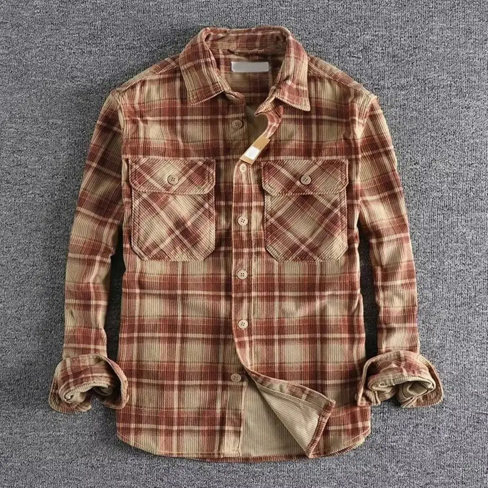 Plaid Shirt Plaid Print Men's Cardigan Coat Stylish Mid-length Formal Top with Turn-down Collar Single-breasted Design for Fall