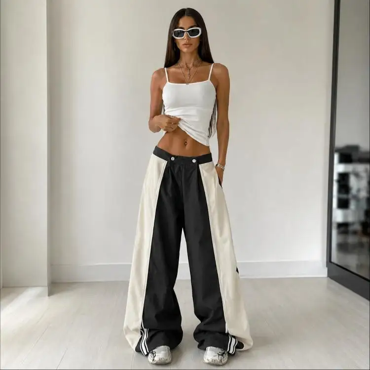 Women's Black White Color Block Wide Leg Pants Non-Stretch Casual Sporty Trousers High Waist Streetwear