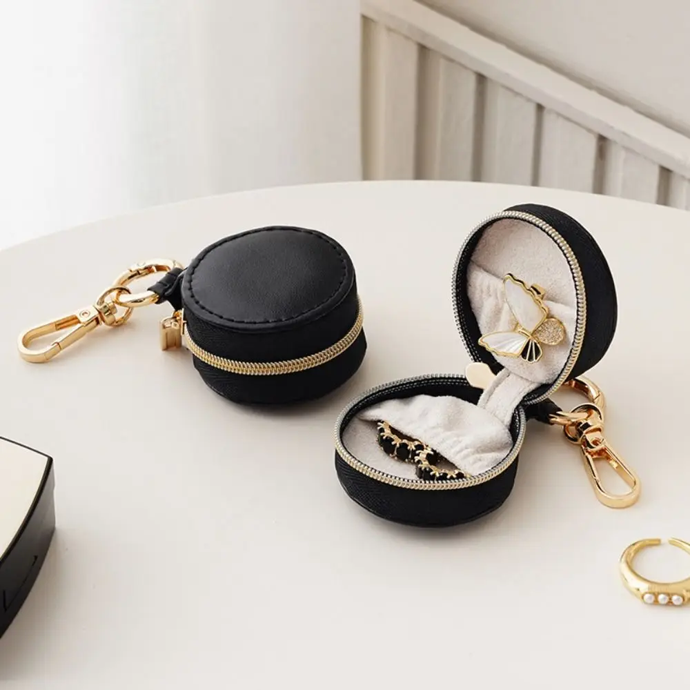 Mini Solid Colored PU Jewelry Case PU Leather Round Jewelry Storage Box Luxury With keyring Necklace Ring Case Women