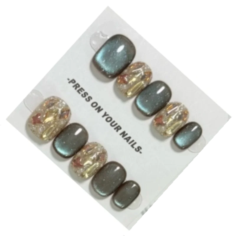 10 قطعة/1 صندوق أظافر قصيرة مصنوعة يدويًا بالضغط على أطراف أظافر باللون الأخضر الداكن مع ألماس عين القطة مناسبة كهدايا للفتيات أو الأصدقاء