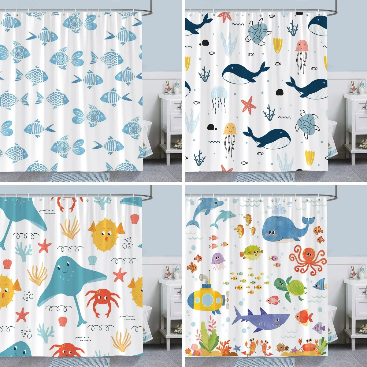 Cute Cartoon Underwater Animal Dolphin Shower Curtain Starfish Fish Coral Polyester Fabric Bath Curtain Bathroom Deco with Hooks