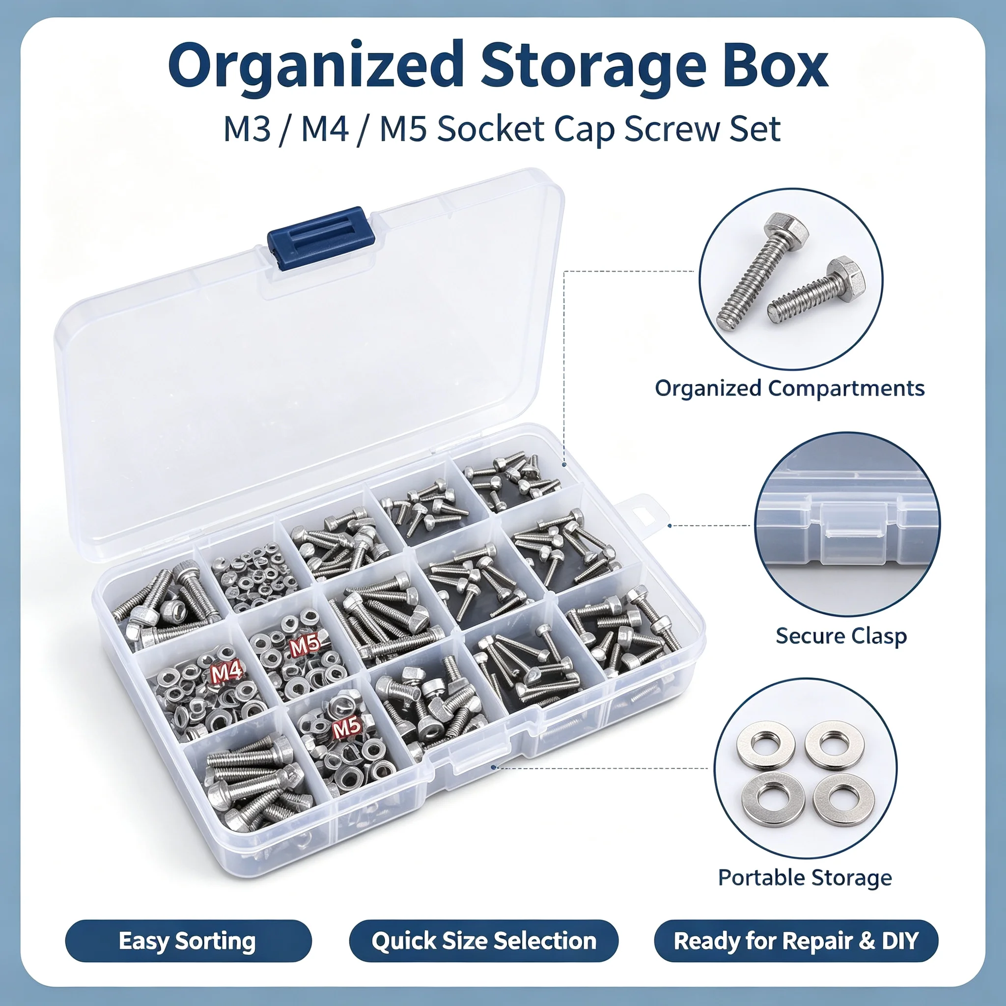 304 Stainless Steel Socket Head Cap Screw Kit M2 M3 M4 M5 Allen Hex Bolts Nuts Washers Assortment for DIY 3D Printer