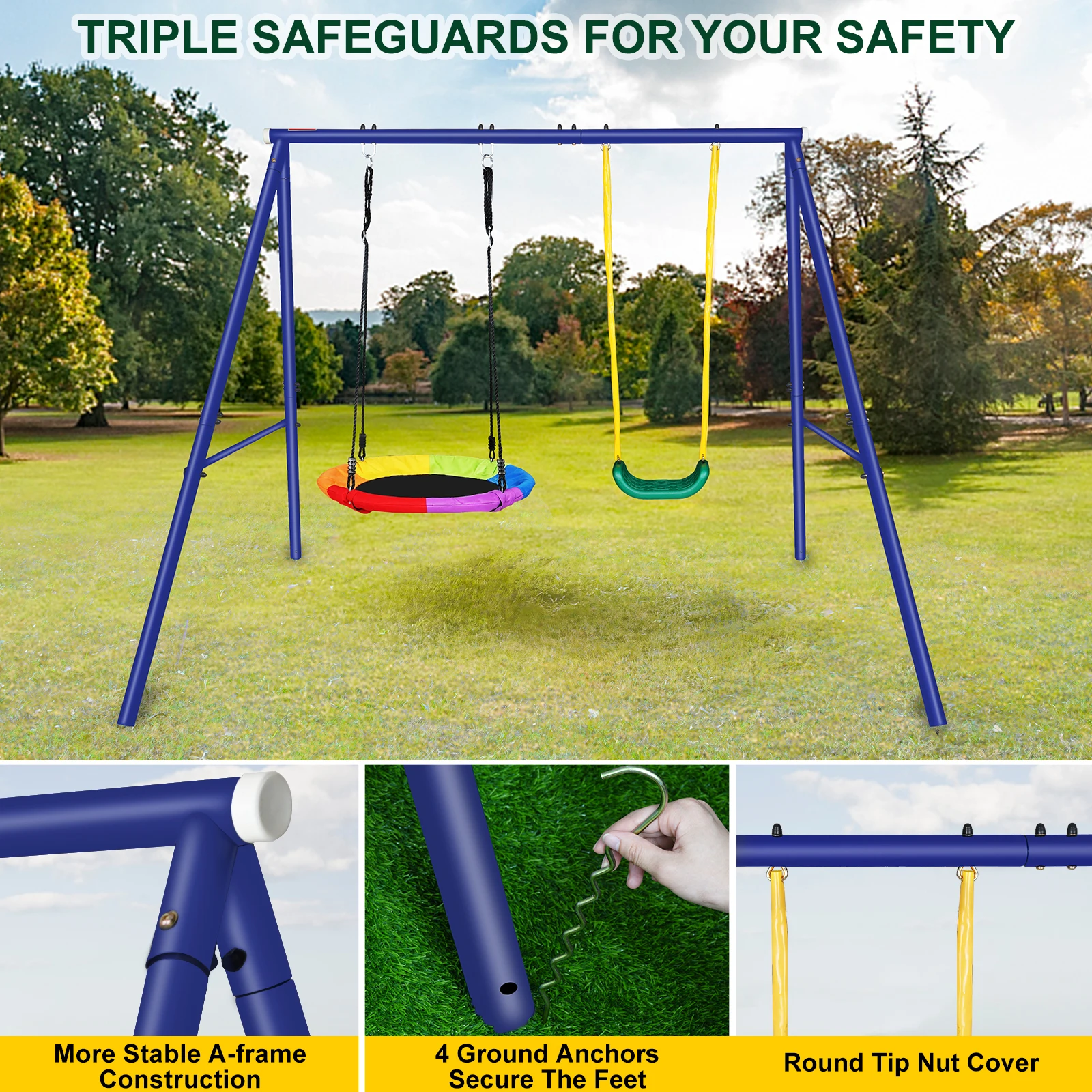 wr-Swing Sets with 1Saucer Swing ,1 Belt Swing Seat,Heavy Duty Anti-Rust Metal Stand Play Set Accessories for Backyard Outdoor*