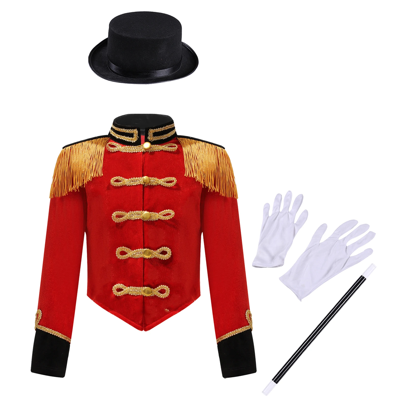 Costume LYus Ringmaster pour enfants, manches longues, col montant, pompon initié, veste boutonnée avec chapeau, baguette magique, gants, filles