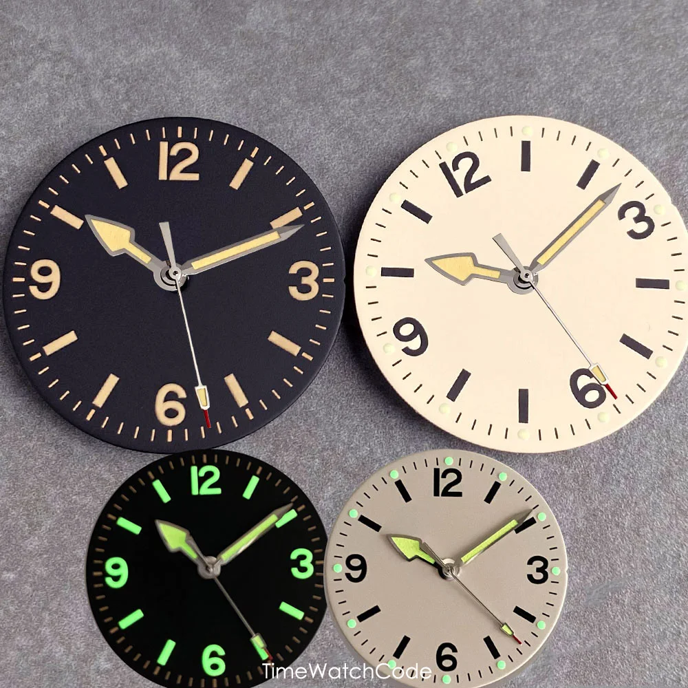 

Циферблат для часов Pilot 29 мм, бежево-черный, для NH35 NH36 NH38 NH70 NH72 Miyota8215 ETA2824 PT5000 SW200 ST2130, светящиеся циферблаты и стрелки