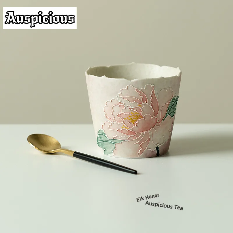 

230ml Hand-painted Peony Flower Wide Rim Coffee Mug Breakfast Mug Afternoon Tea Mug Master Office Water Cup Teaset Decoration