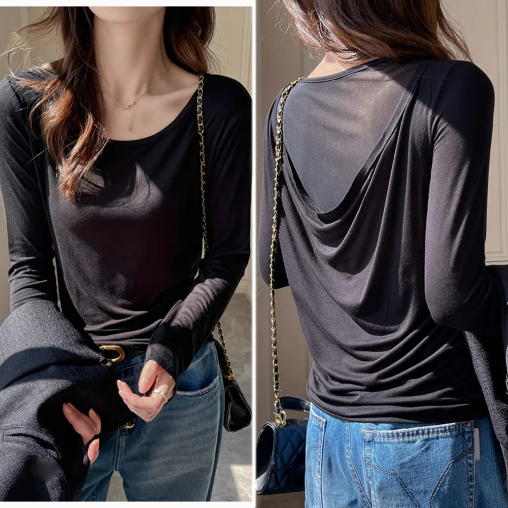 女性用フルスリーブスリムフィットトップ、メッシュバックディテール、オリジナルデザイン、涼しい季節の重ね着に最適
