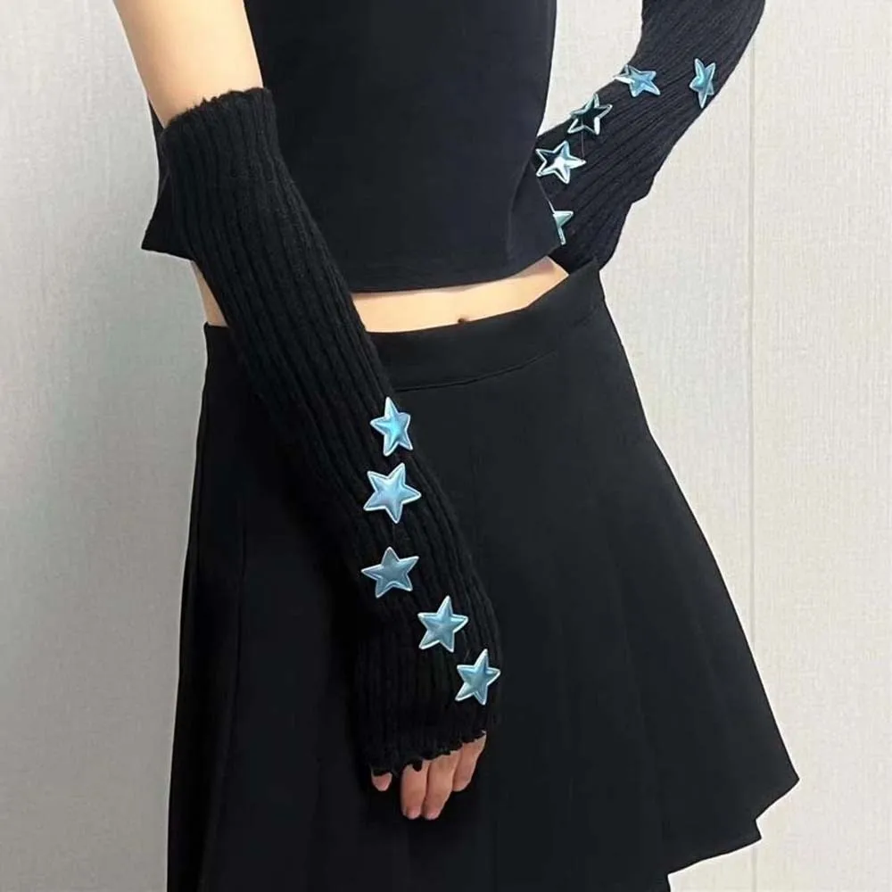 Elastic Knitted Fingerless Sleeves Solid Color Long Y2K Star Arm Cover Half Palm Gothic Warmer Long Cuff Winter