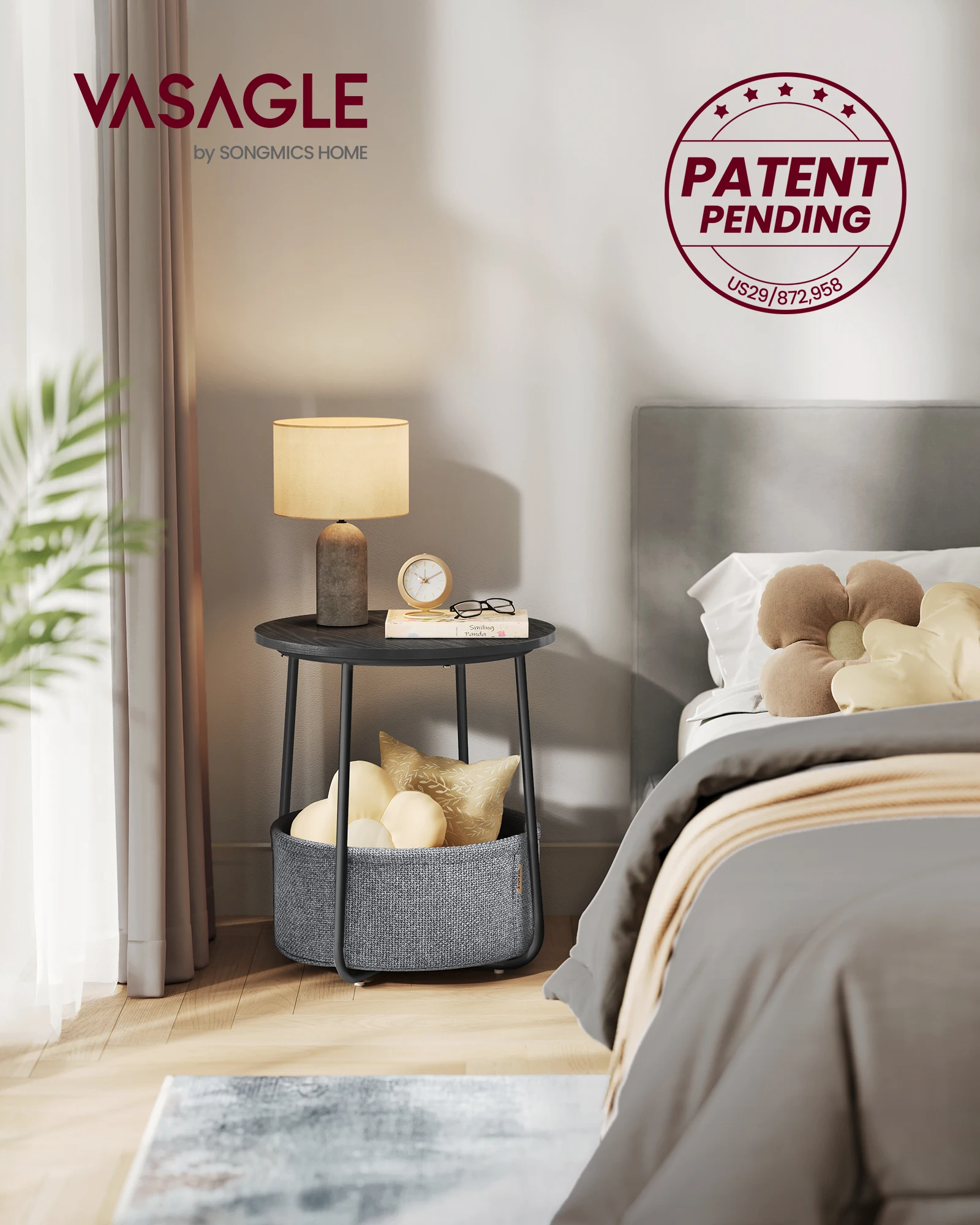 طاولة جانبية، طاولة جانبية مستديرة مع سلة قماش، واسعة، لغرفة المعيشة، غرفة النوم، منضدة، الطراز الحديث، خشب الأبنوس الأسود والرمادي الأردوازي #2