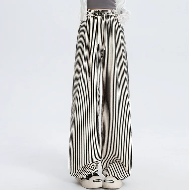 

2025 Spring Summer Striped Wide Leg Pants Women's Fashion Pants Fashion Elastic Waist Highlighting Sports Casual Pants