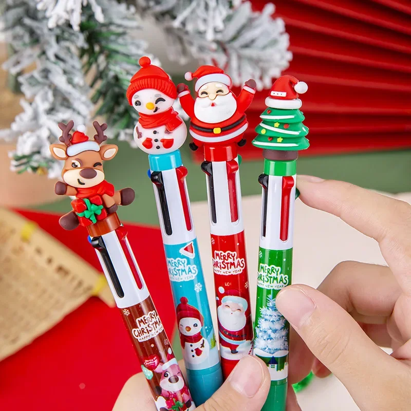 10Pcs/Lot Cute Christmas Tree Reindeer Snowmen Four-Color Ballpoint Pen Kawaii Cartoon Santa Claus Pens Student Stationery Gifts