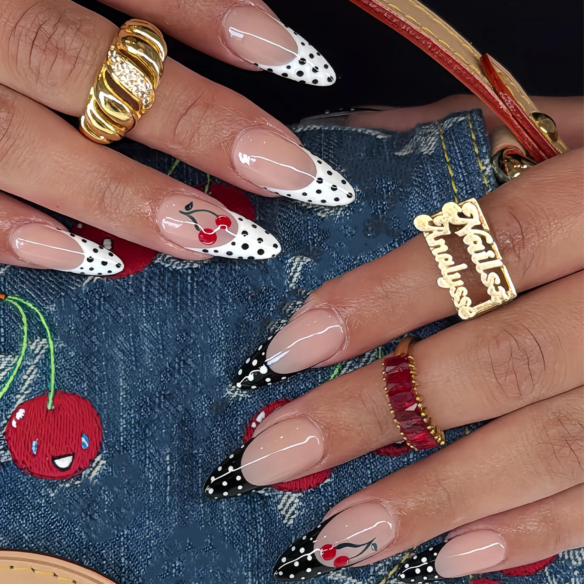 

24Pcs Black White Polka Dot French Fake Nails with Cherry Reusable Press on False Nails Mid-length Almond Full Cover Nails Tips