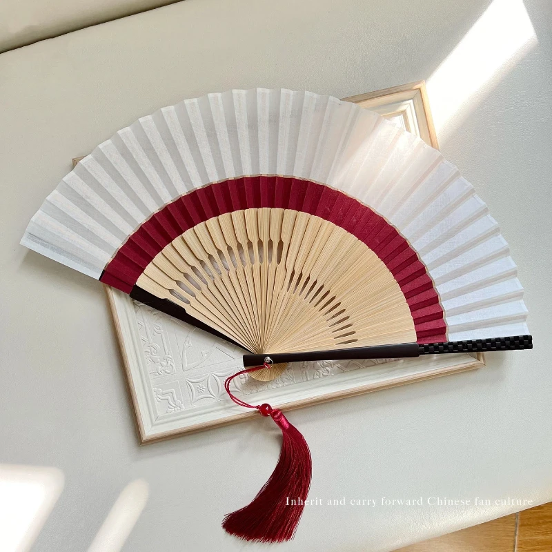 Double Joint Cotton Linen Folding Fan with Carved Lotus Pattern Portable Summer Cooling Daily Fan for Women Painting Gift