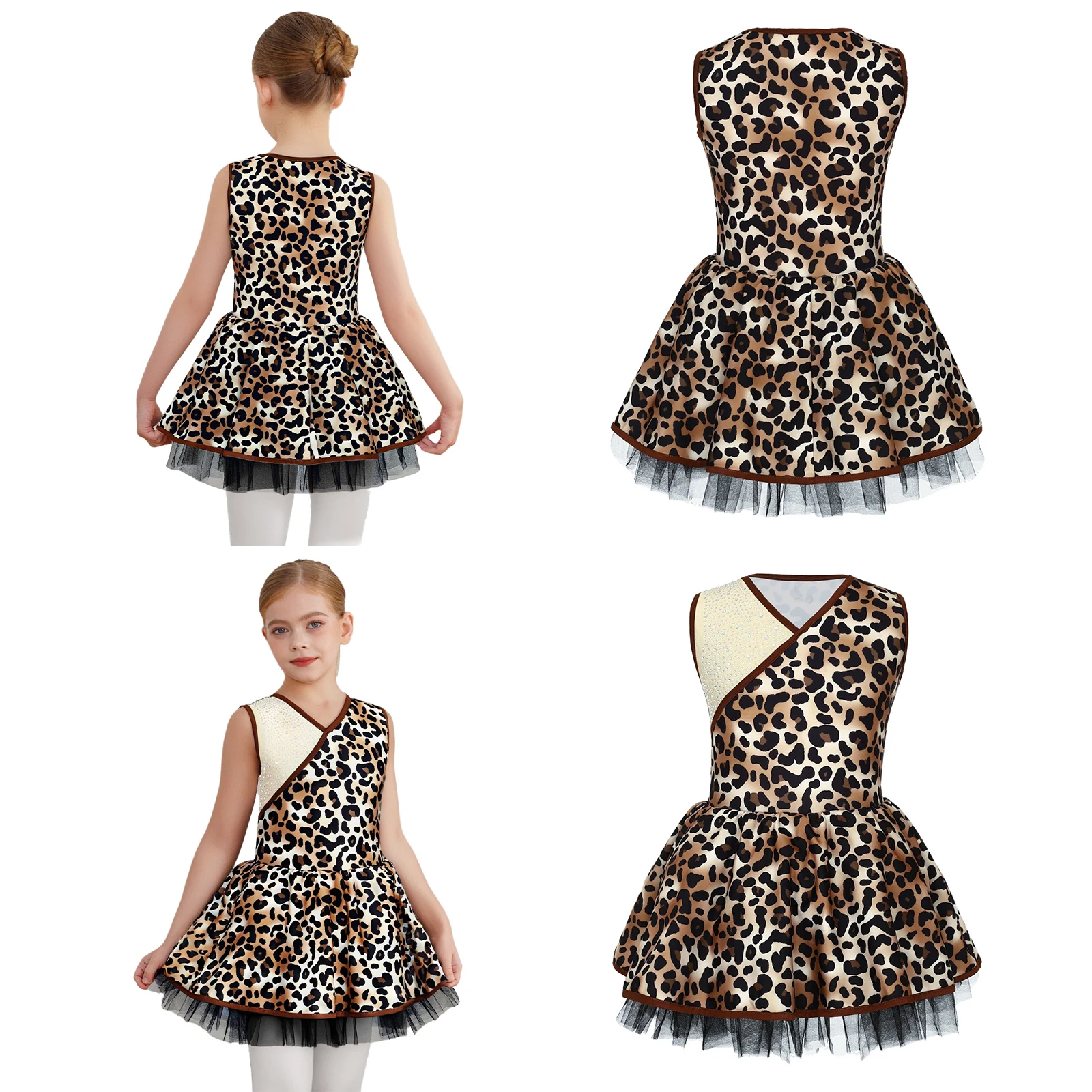 

Детский костюм доисторической пещеры для девочек, леопардовый принт, стразы, v-образный вырез, сетчатое пышное платье без рукавов для косплея, тематический бал для вечеринки