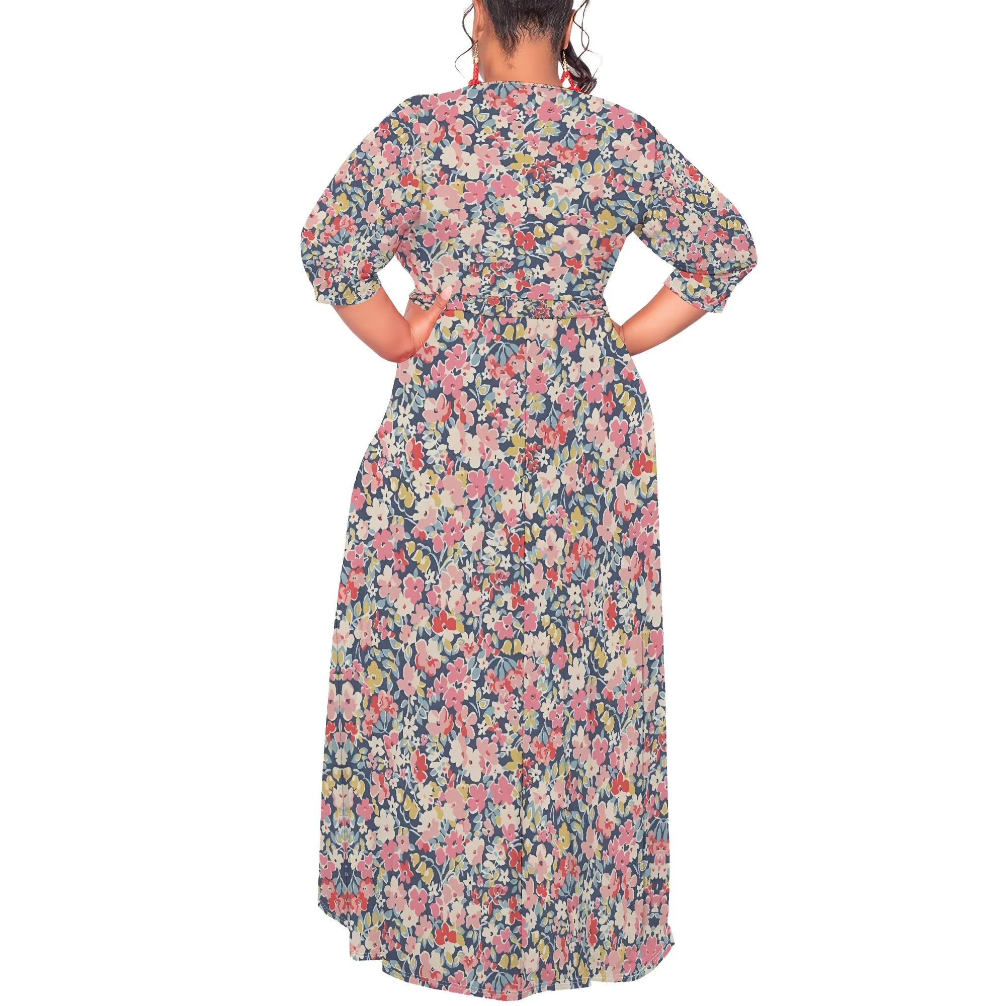Floral V-Neck Belted Maxi Dress for Women - Elegant Puff Sleeve Wrap Summer Outfit