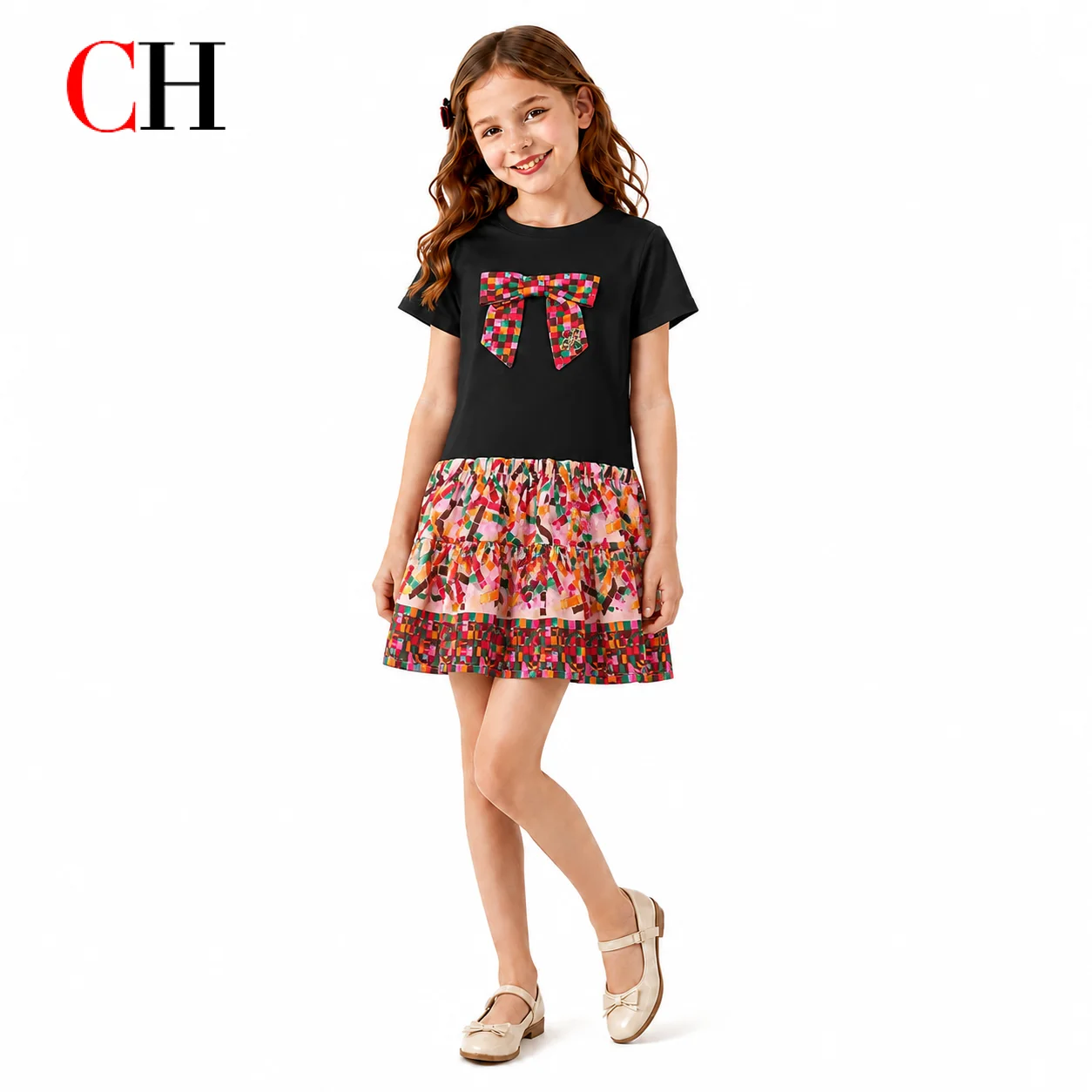 CH Girls Colorful Plaid Bow Patchwork Dress Kids Short Sleeve O Neck Tiered Ruffle Skirt Summer CH Logo Children Casual Dress