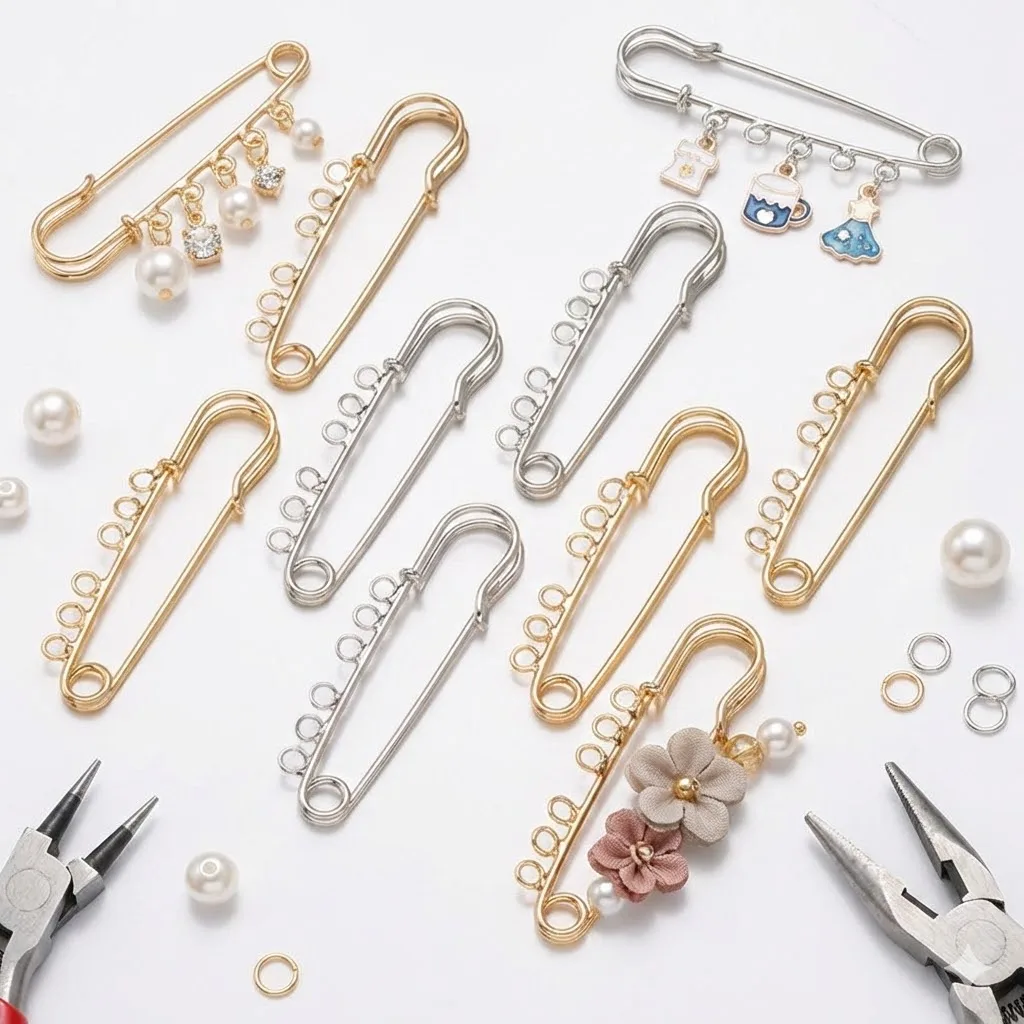 10pcs 6.1cm Heavy Duty Safety Pins Metal Brooch Pin Kilt Fasteners with 6 Loops  for DIY Fabric Crafts Clothes Jewelry Making