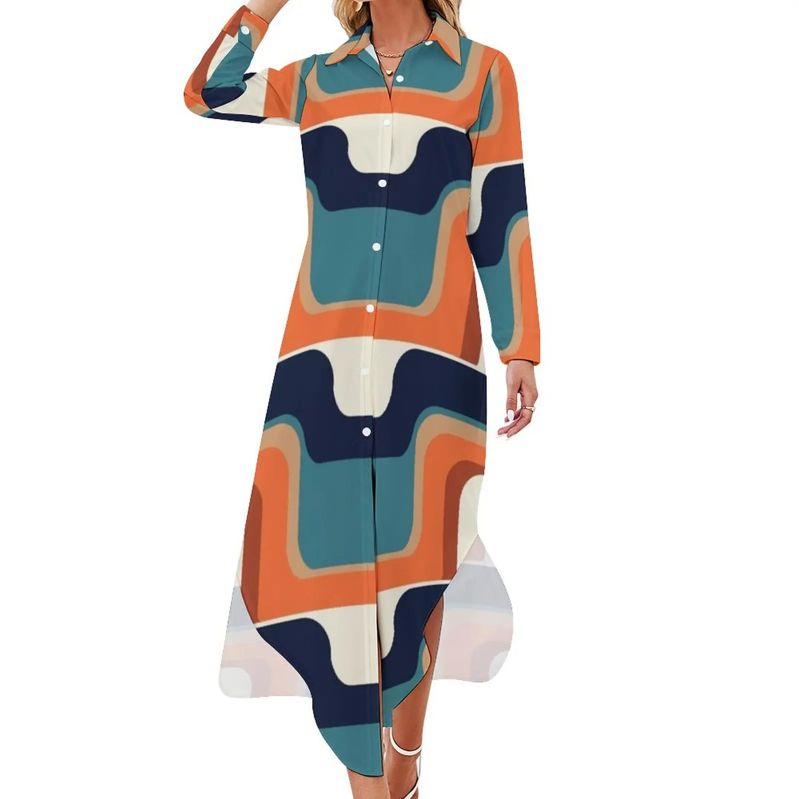 

Mid-Century Modern Meets 1970s Orange & Blue Long Sleeved Shirt Dress loose women's dress clothes