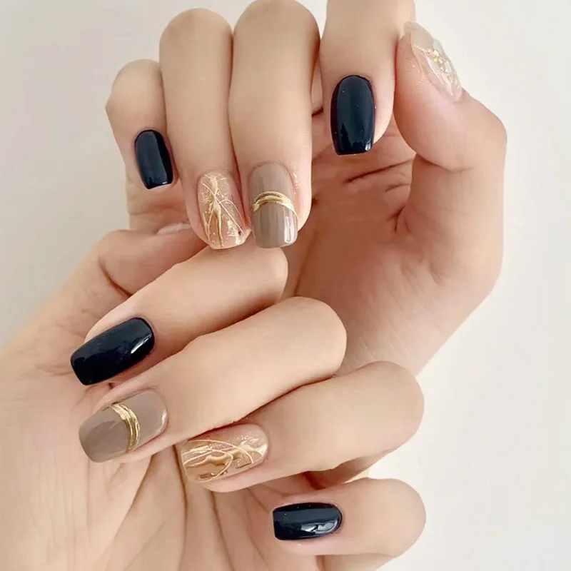 24pcs Short Square Press on Nails Gradient Glitter Gold Edge Fake Nails White Lines Heart French Nail Art Rhinestone False Nails