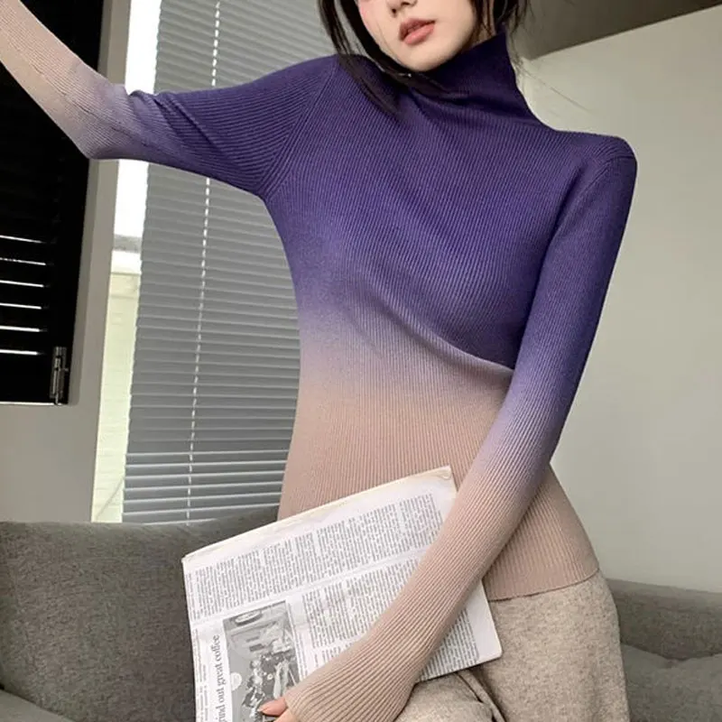 2023 New Solid Autumn Winter Thin Casual Pullovers Slim Ladies Tops Turtleneck Sweater Simplicity T-Shirts Women\'s Clothing