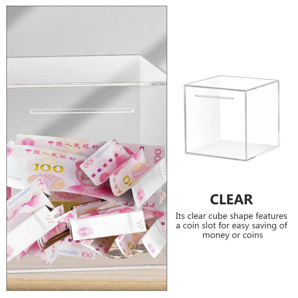 

Clear Acrylic Piggy Bank Cube Money Saving Box Transparent Cash Jar for Adults Reusable Fund Storage Donation Jar