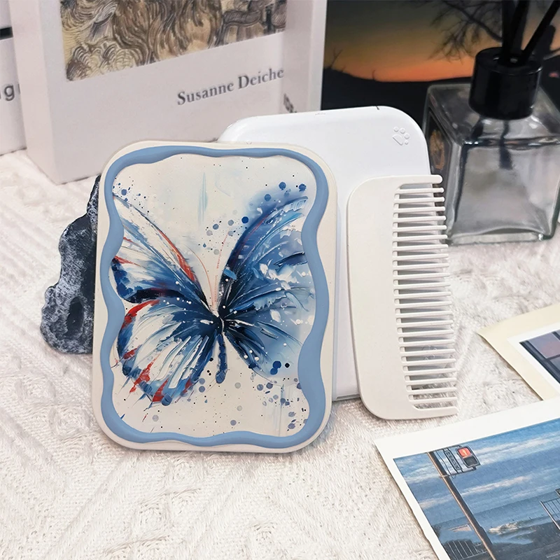 Miroir de Maquillage Pliable Portable à Clapet avec Peigne, Motif Papillon Bleu, Cadeau pour Femme et Fille