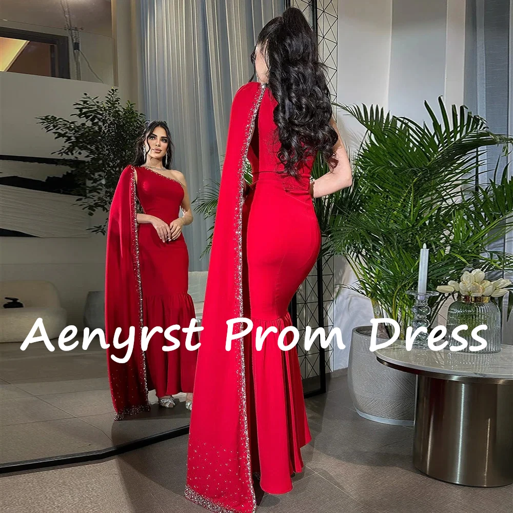 Aenyrst Red One Shoulder Mermaid Saudi Arabia Prom Dresses With Shawl Beading Evening Gowns Floor Length Christmas Party Dress