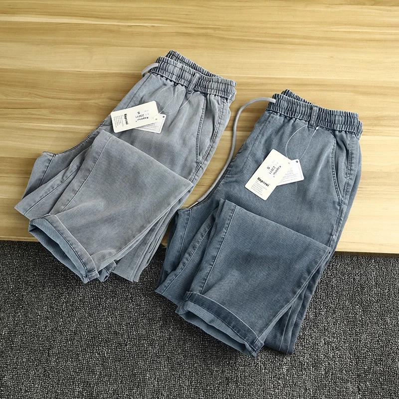 

Легкие удобные тканевые мужские свободные прямые повседневные джинсы с эластичной резинкой на талии Брюки-карго Летние молодежные джинсы