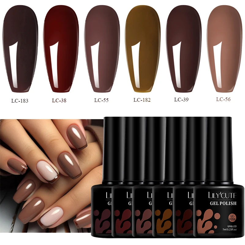 LILYCUTE 7ml 8Pcs/Set Coffee Brown Color Gel Nail Polish Manicure Semi Permanent Base Top Coat Set Soak Off Nail Art Gel Varnish