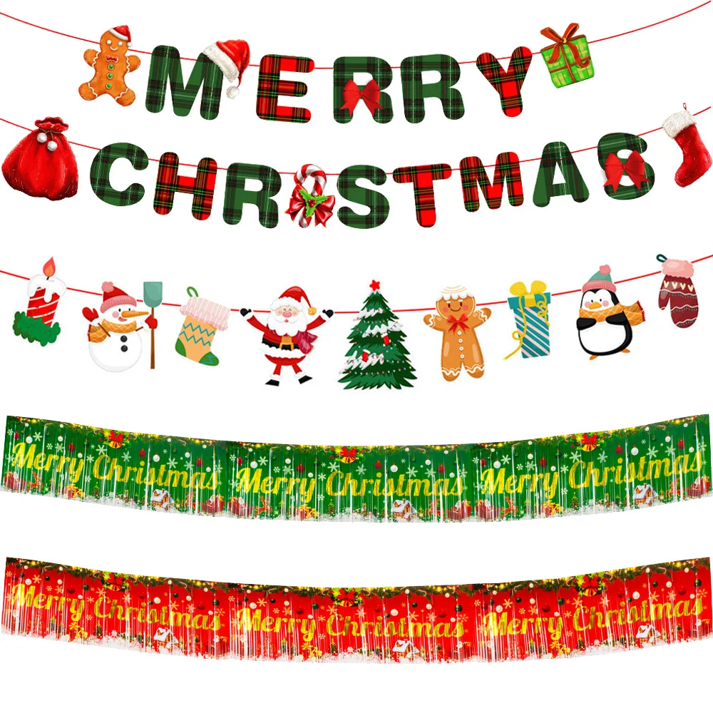 Merry Christmas Banners Party Decorations Hanging Banner Set with Patterns of Santa Snowman Chrsmas Trees Home Party Supplies