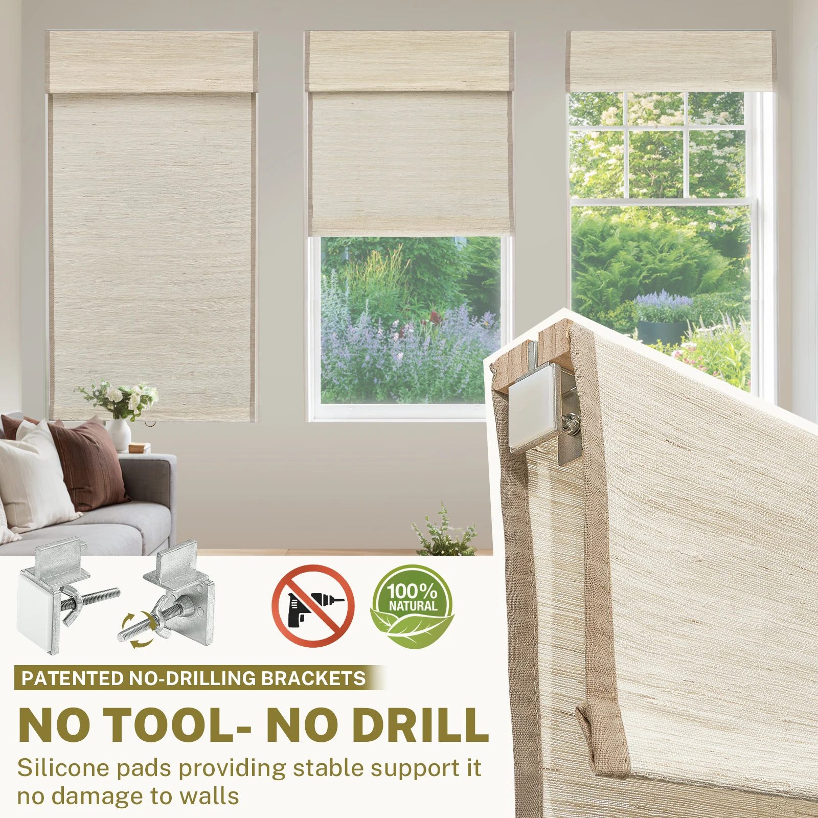 Moonice No Drill No Tools Cordless Custom Roman Shades for Window Natural Woven Fabric Privacy Room Darkening Blind Easy Install