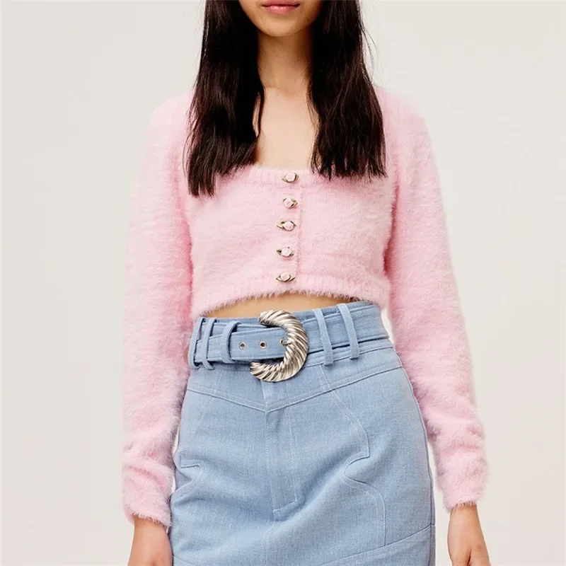 Sweet Pink Sexy Cardigan Women Fuzzy Round Neck Appliques Cropped Sweaters 2024 Autumn New Flower Buttons Female Short Jumpers