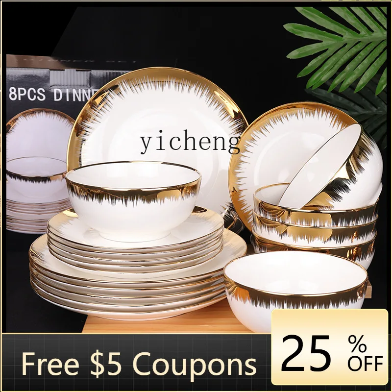 YFY Ceramic Electroplating Phnom Penh Western Food Plates Tableware Set Dishes Hotel Tableware