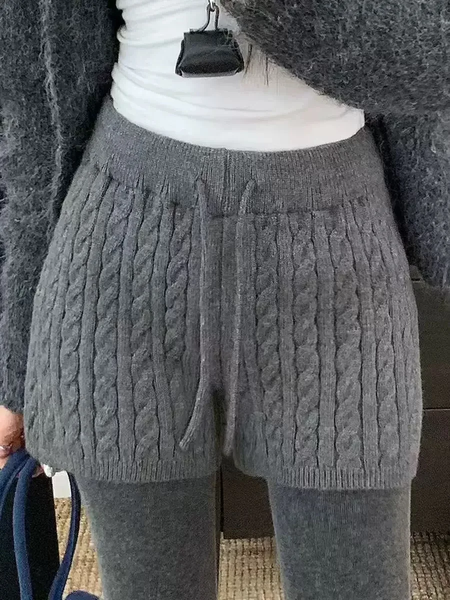 

High Waist Knitted Short Pants Autumn Winter Loose Fit Drawstring Gray A-Line Wide Leg Pants for Women plus Size Casual Wear