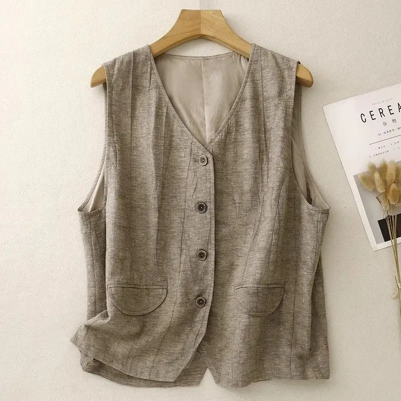 Retro Dirty Dye V-Neck Cotton Linen Vest For Women 2024 Autumn Artistic Solid Color Versatile Sleeveless Jacket Top K2552