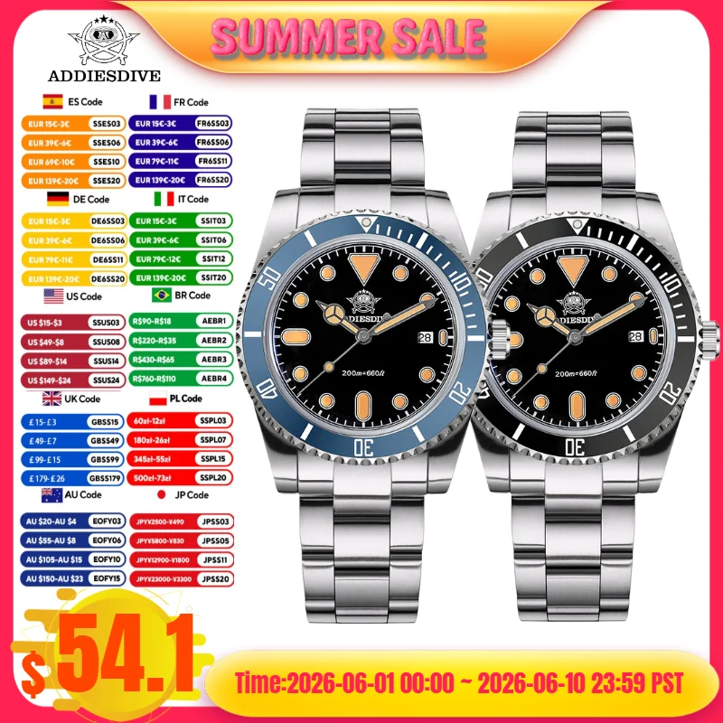 

ADDIESDIVE Men Quartz Watch Reloj Display Calendar 316L Stainless Steel BGW9 Blue Luminous 20Bar Waterproof AD2501 Watch 39mm