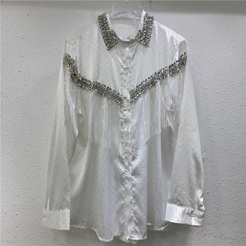 DEAT Women's Shirt Crystal Full Diamonds Loose Tassel Long Sleeve Thin Black White Blouse 2025 Spring New Fashion 11A02116