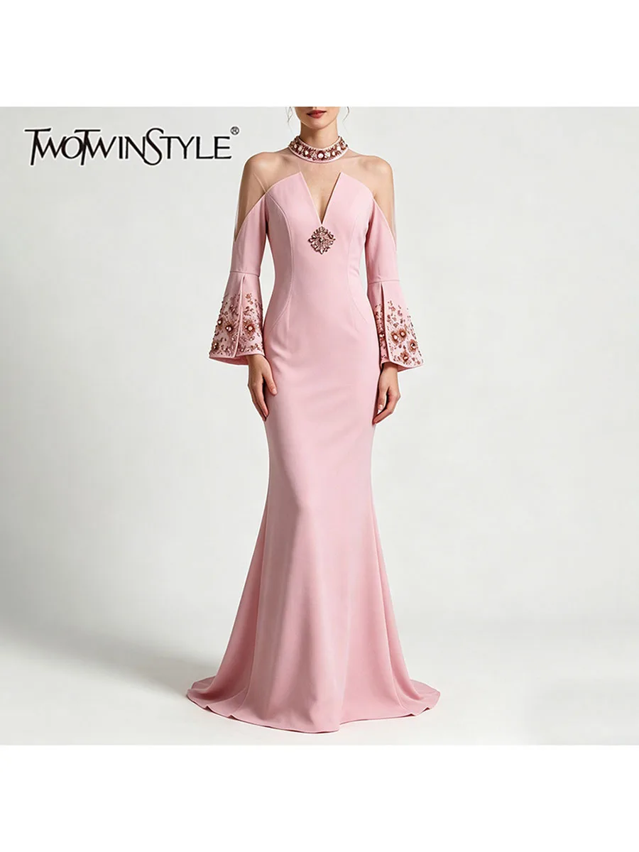 TWOTWINSTYLE Diamond Spliced Beaded Slimming Casual Dress for Women High Neck Bell Sleeve Patchwork Zipper Mesh Dresses Female
