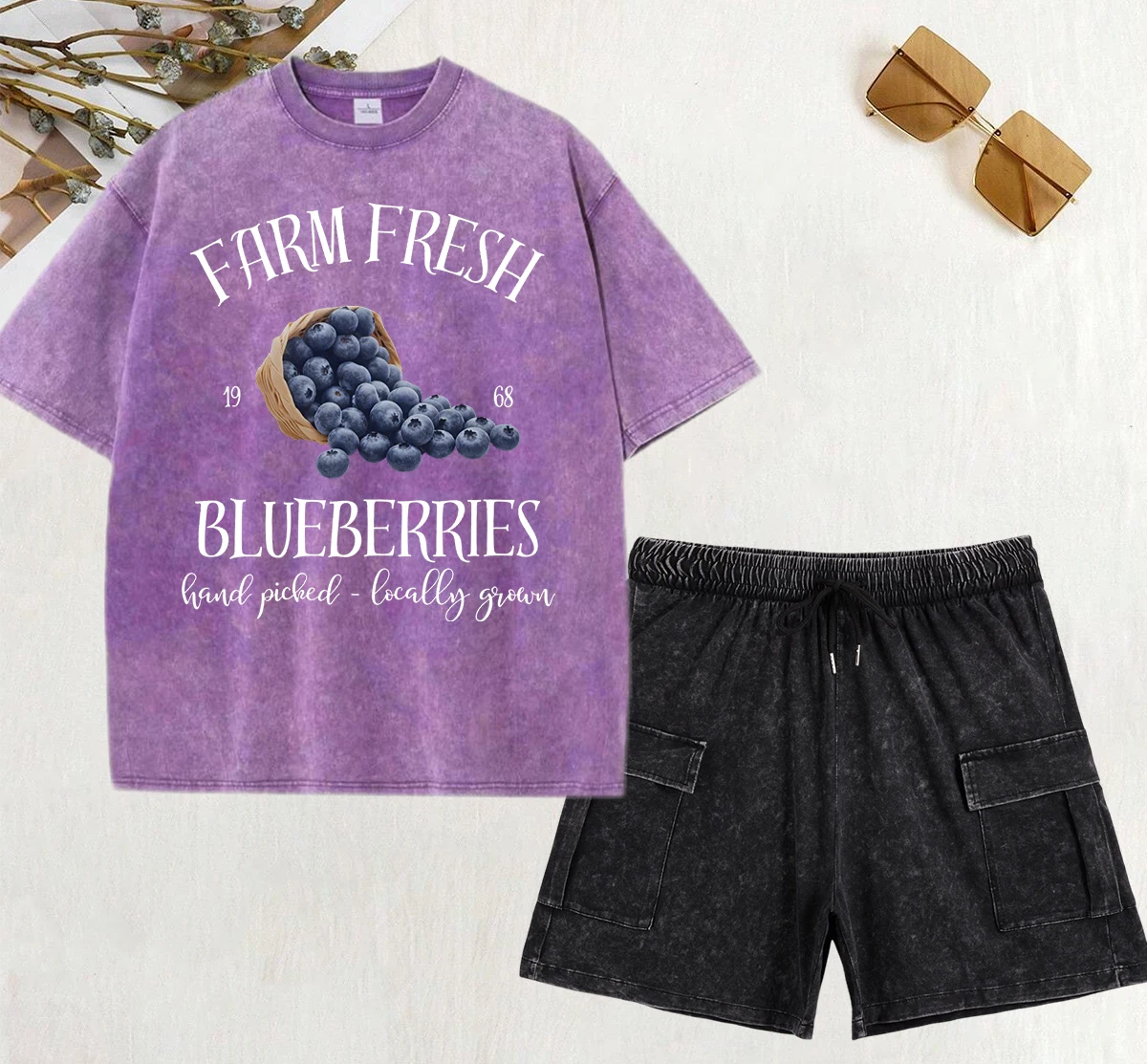

Farm Fresh Blueberries Hand Picked Print Woman Washed T Shirt Street Hip Hop Short Pants Loose T Shirts Set Y2K Cotton Sets