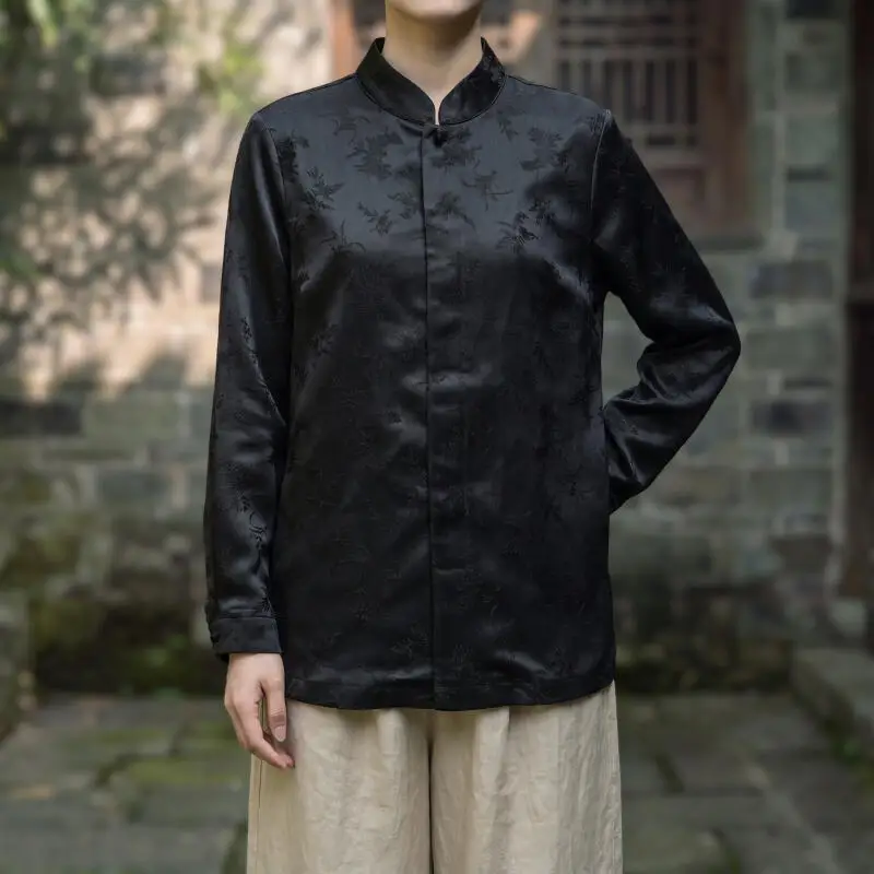 Autumn New Chinese Style Shirt Men Vintage Jacquard Stand Collar Shirts Men Traditional Frog Button Hanfu Casual Outerwear
