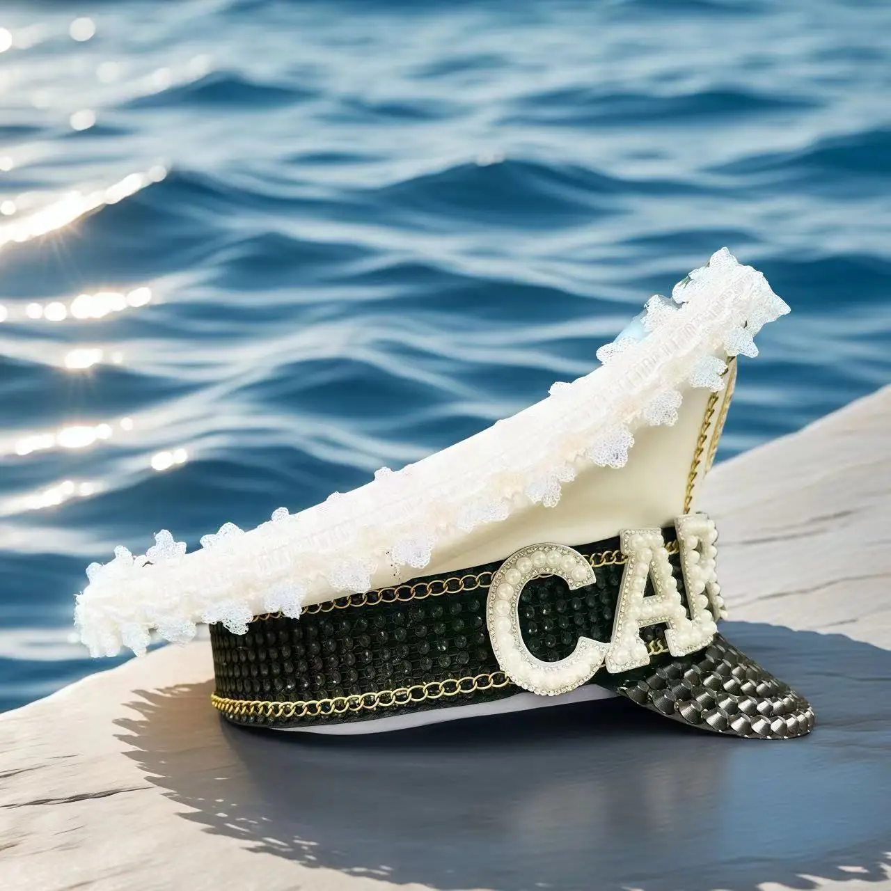 HongLuan Yellow Laser Leather Loop Captain Hat Rhinestone & Military Caps for Woman, Rave Festivals Accessories ＆ Party Cap Man