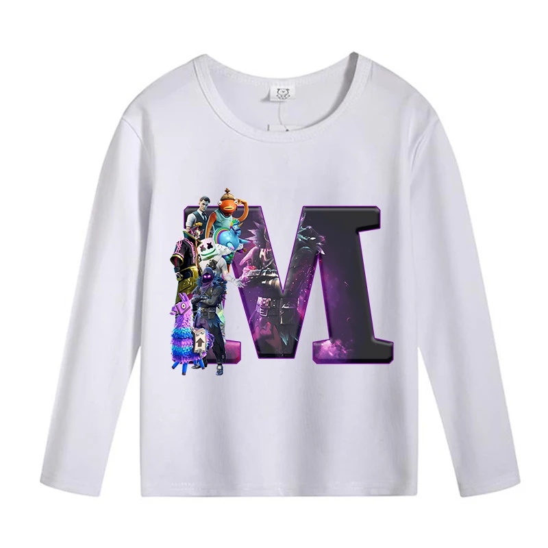 تي شيرت Fortnite للأطفال بأكمام طويلة تي شيرت كارتوني قلعة ليلية مطبوعة بحروف تي شيرت ربيعي على الموضة ملابس أطفال قميص داخلي