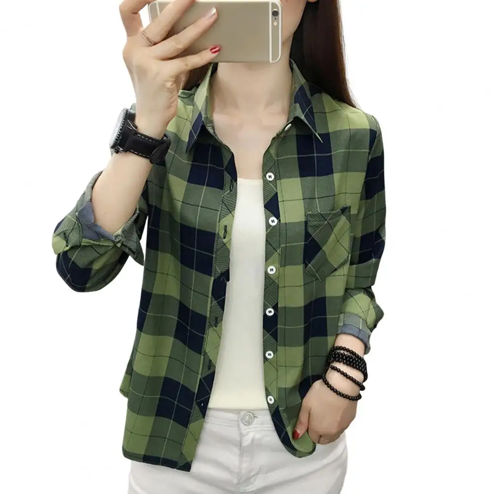 Women Shirt Long Sleeve All Match Single-breasted Casual Soft Dressing Up Plaid Print Women Shirt Top Female Clothing