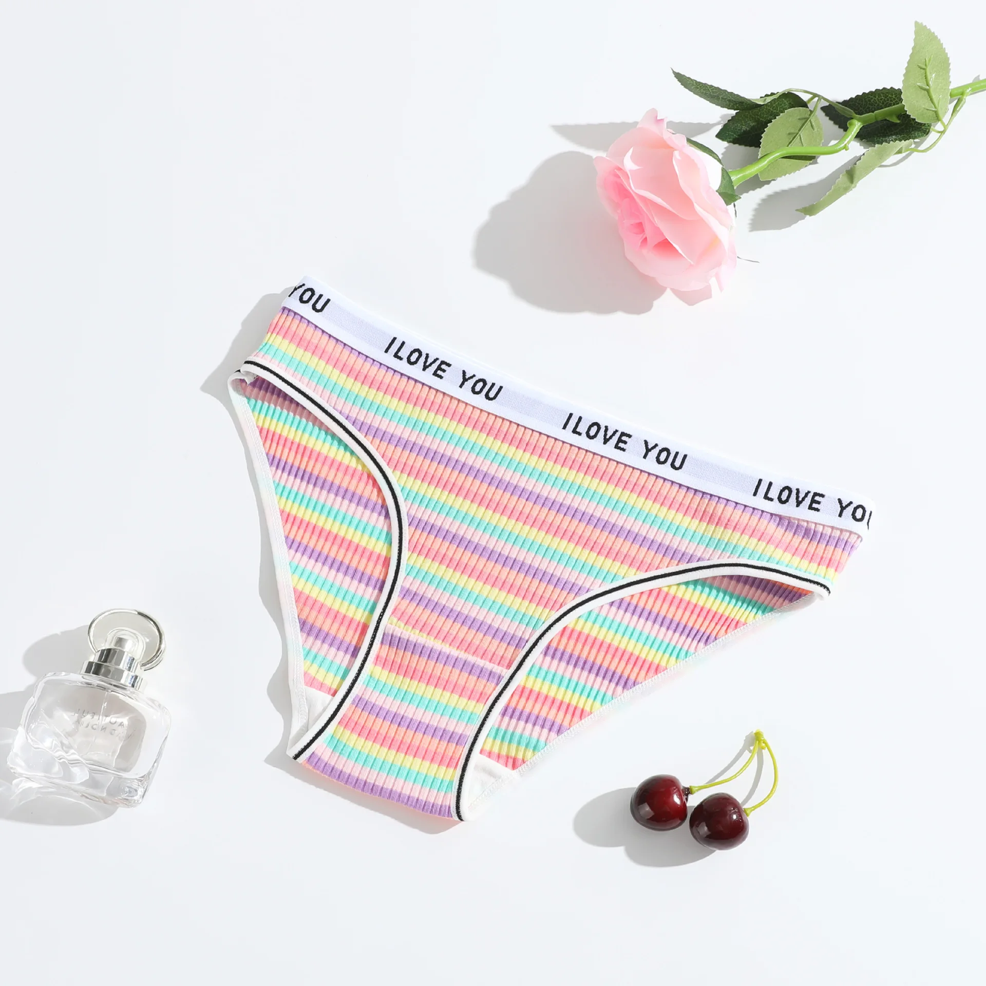 12PCS Color Ribbed Bikini Low Waist Panties Cotton Color Ribbed Bikini Low Waist Panties Vertical Stripe Letter Wide Waistband